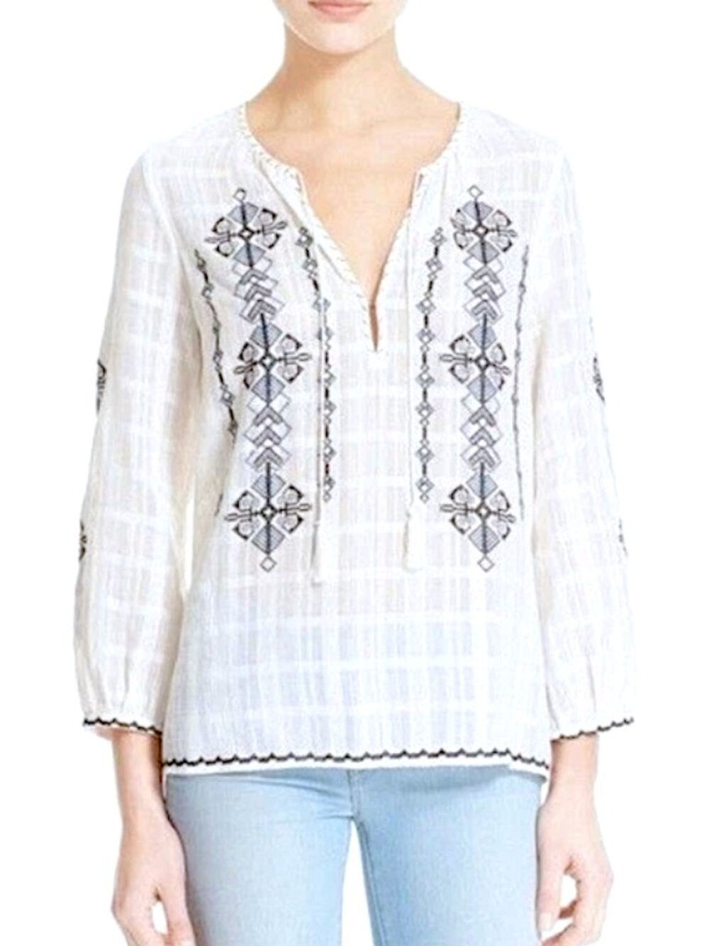 Joie Lemay White Embroidered Dobby Top Peasant Blouse Womens M